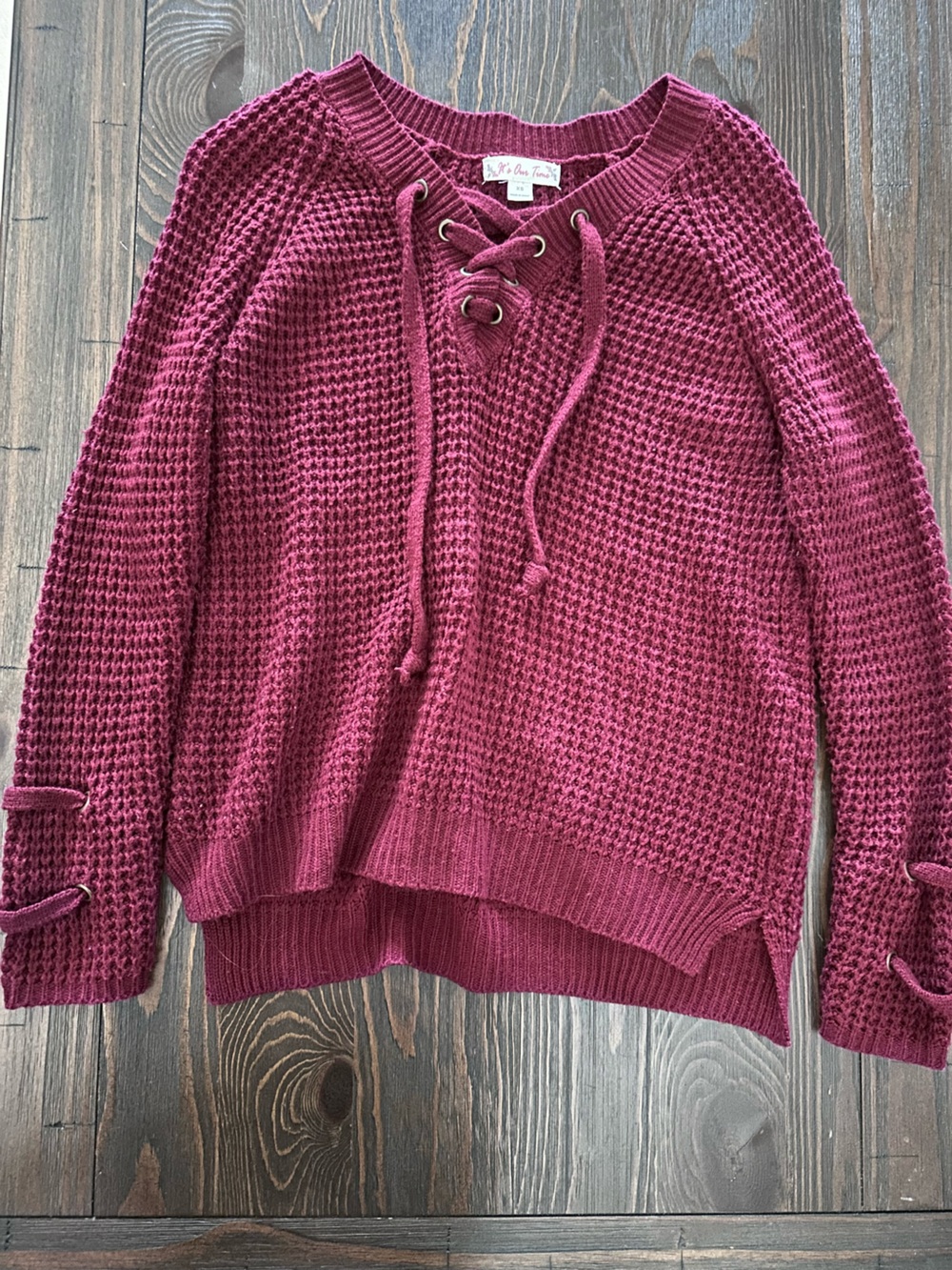 Women’s Lace-Up Waffle Knit Sweater - Berry Pink